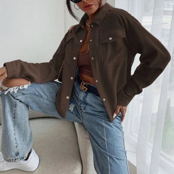 COFFEE BROWN CORDUROY BOTTON DOWN JACKET FALL WINT - Picture 4 of 7